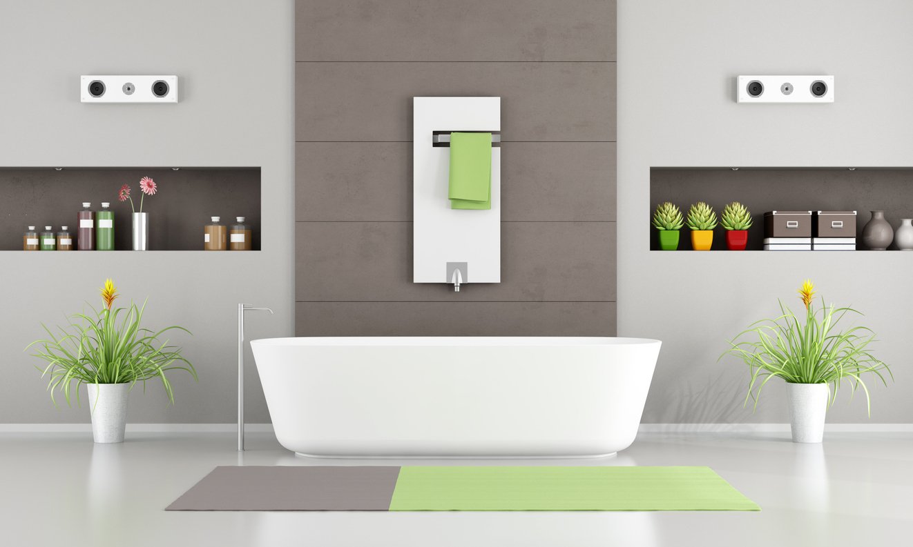For a truly modern and luxurious bathroom, in-wall stereo systems allow you to relax in style, whether taking a bath to unwind or getting ready for the day.