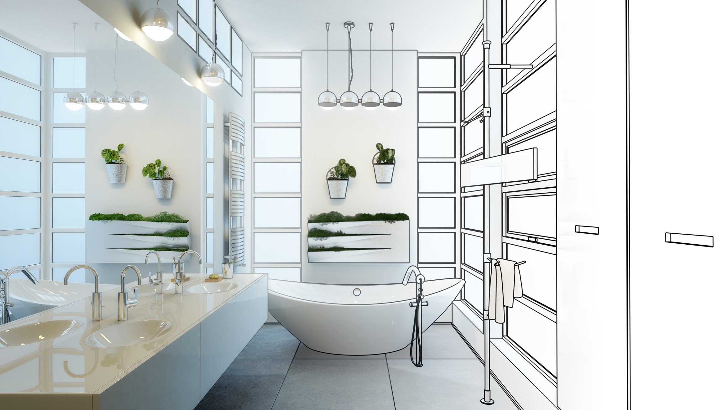 Residential restroom design with a contemporary adaptation, half-drawn and half-completed